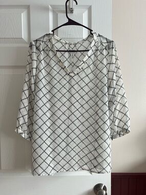 Old Navy White Blouse with Black Grid Print